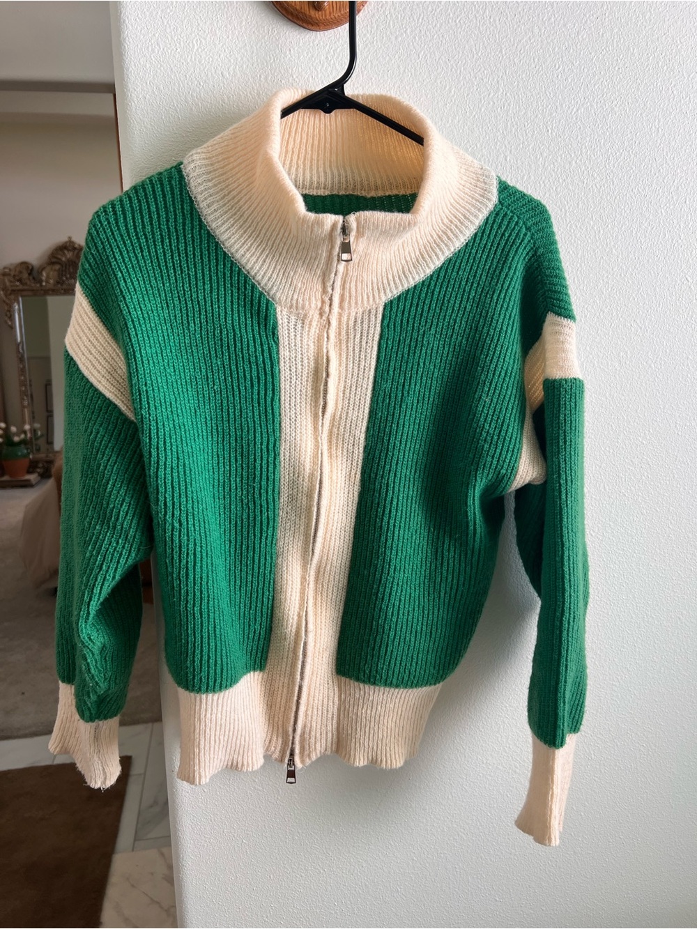 Green and Cream Zip-Front Ribbed Sweater